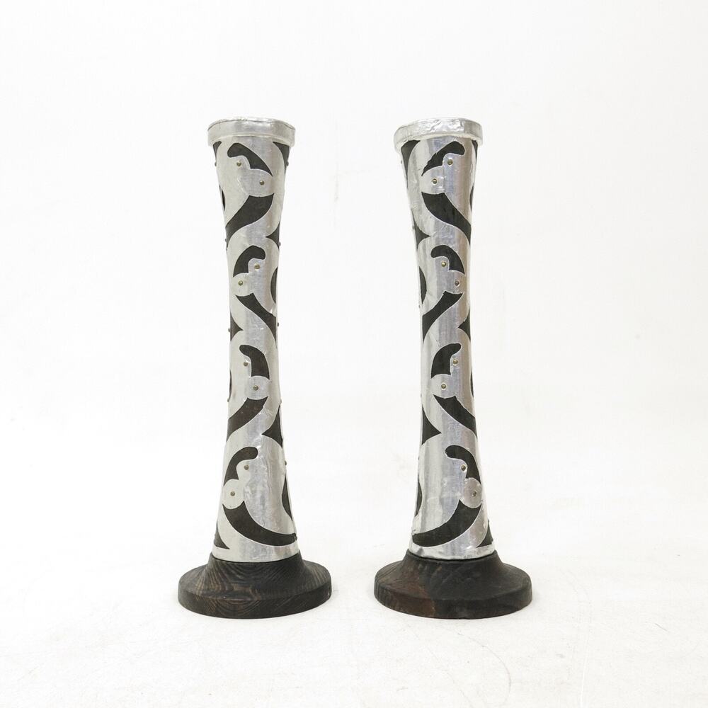 Vtg Boho Decor Wood & Aluminum Metal Cutout Wrapped Imported Candle Holders